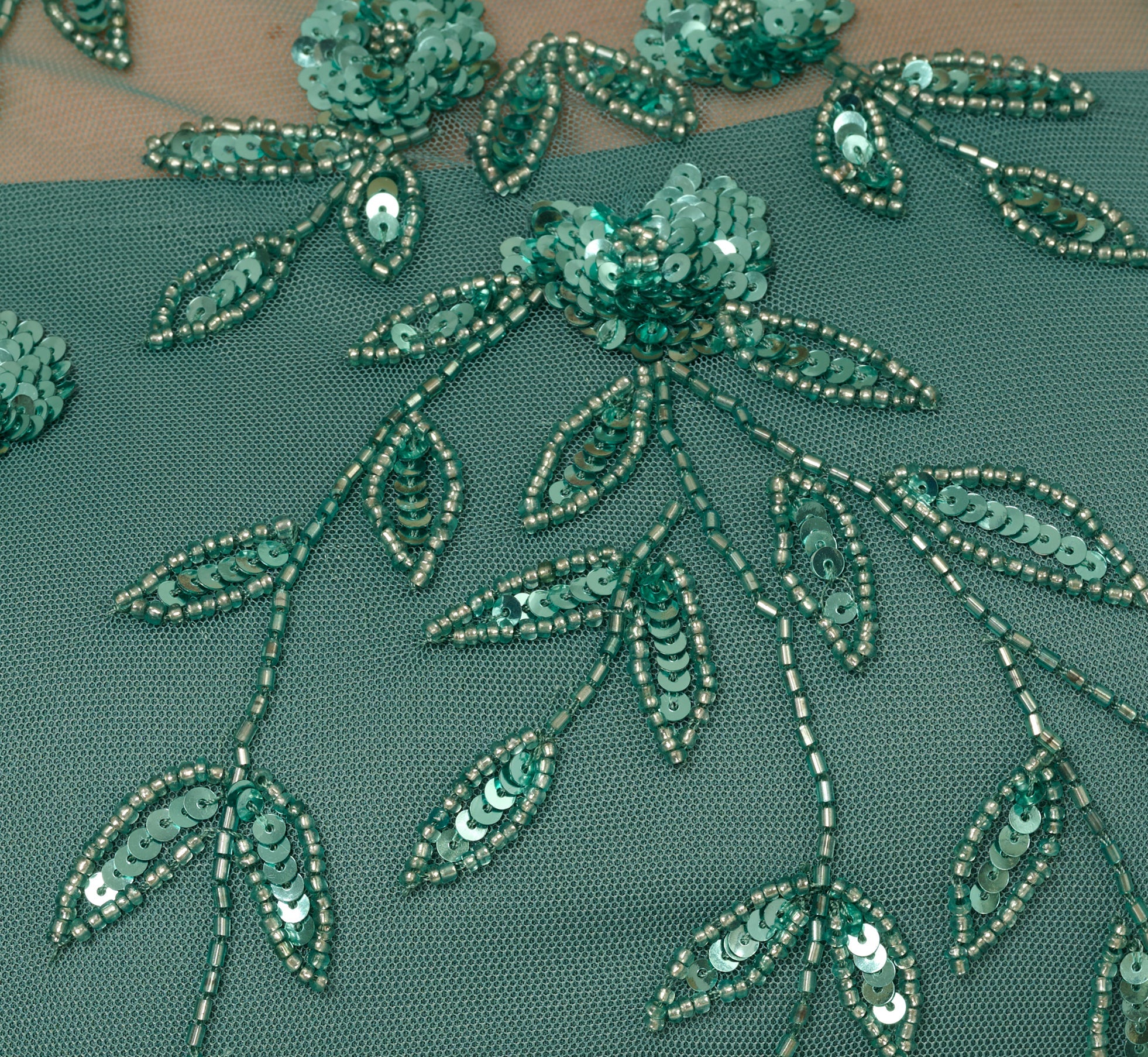 3D Floral Beaded Dress With Sheer Short Sleeves In Green Slate