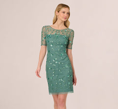 3D Floral Beaded Dress With Sheer Short Sleeves In Green Slate