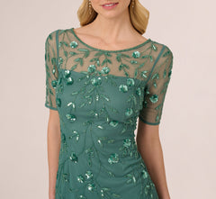 3D Floral Beaded Dress With Sheer Short Sleeves In Green Slate