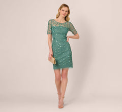 3D Floral Beaded Dress With Sheer Short Sleeves In Green Slate