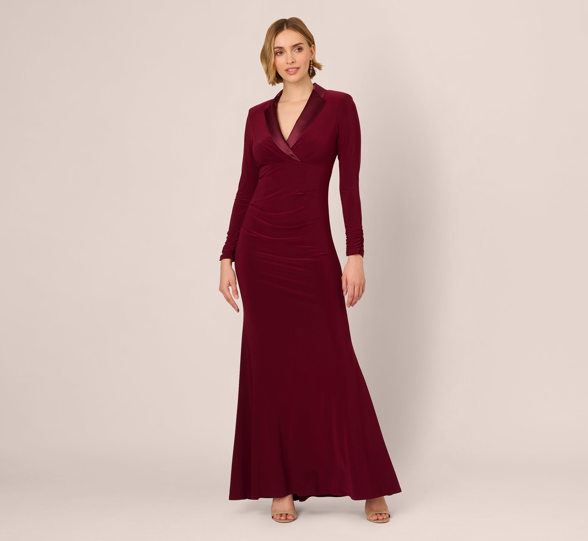 Tuxedo Mermaid Gown With Long Sleeves In Red Wine