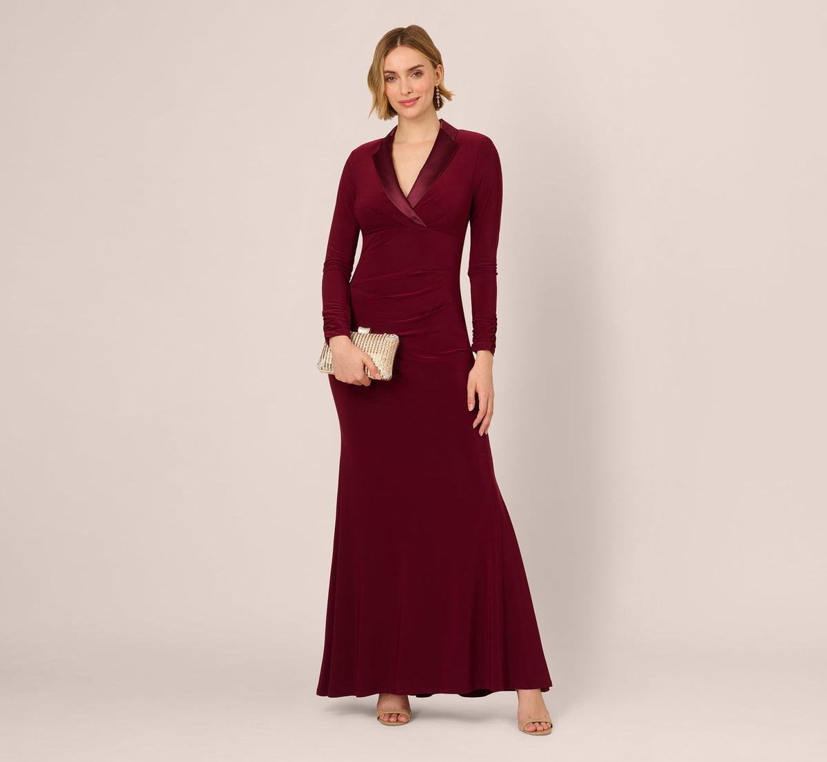 Tuxedo Mermaid Gown With Long Sleeves In Red Wine