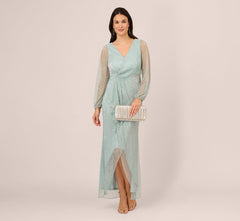 Crinkle Metallic Gown With Sheer Bishop Sleeves And Draped Details In Mint Smoke