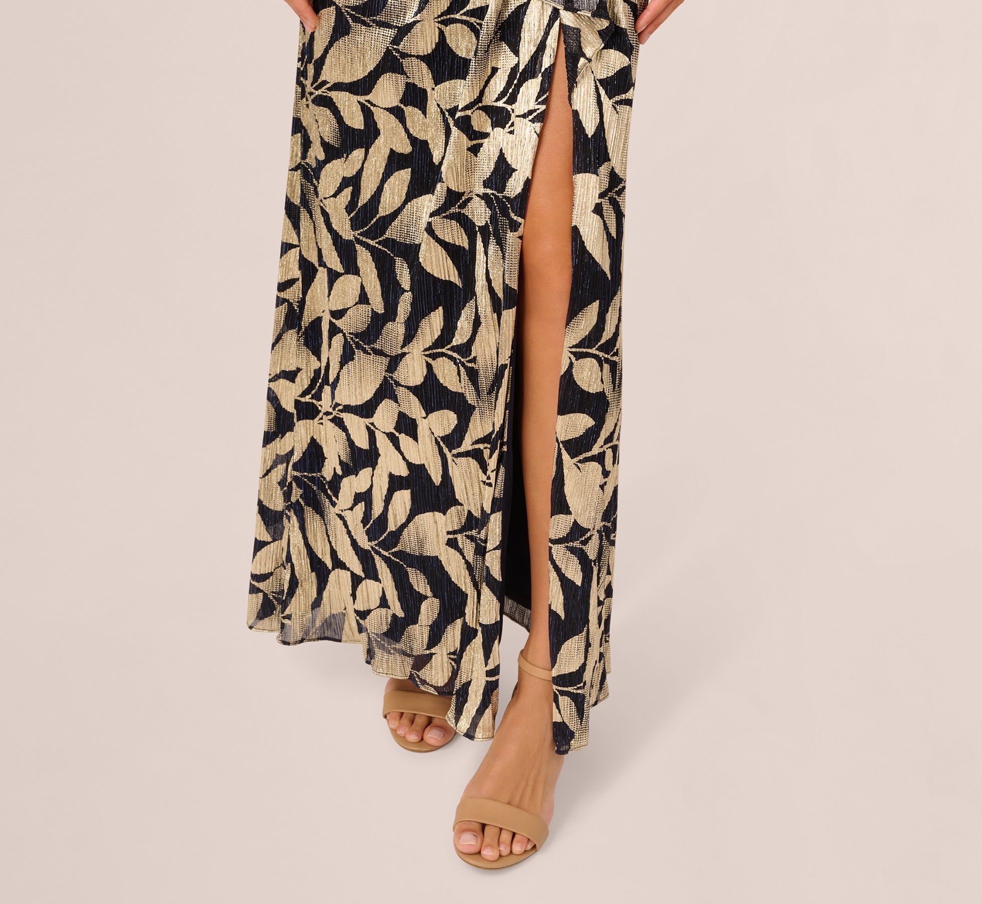 Foil Printed Asymmetric Gown With Ruffled Detail In Navy Gold