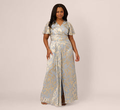 Plus Size Foil Leaf Short Sleeve Gown With Draped Details In Light Blue Gold