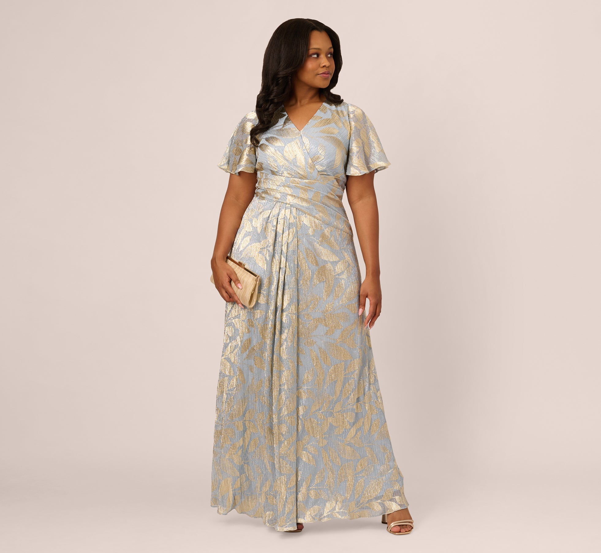 Plus Size Foil Leaf Short Sleeve Gown With Draped Details In Light Blue Gold
