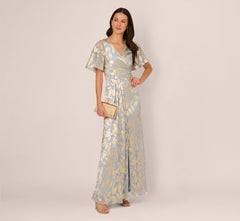 Foil Leaf Short Sleeve Gown With Draped Details In Light Blue Gold