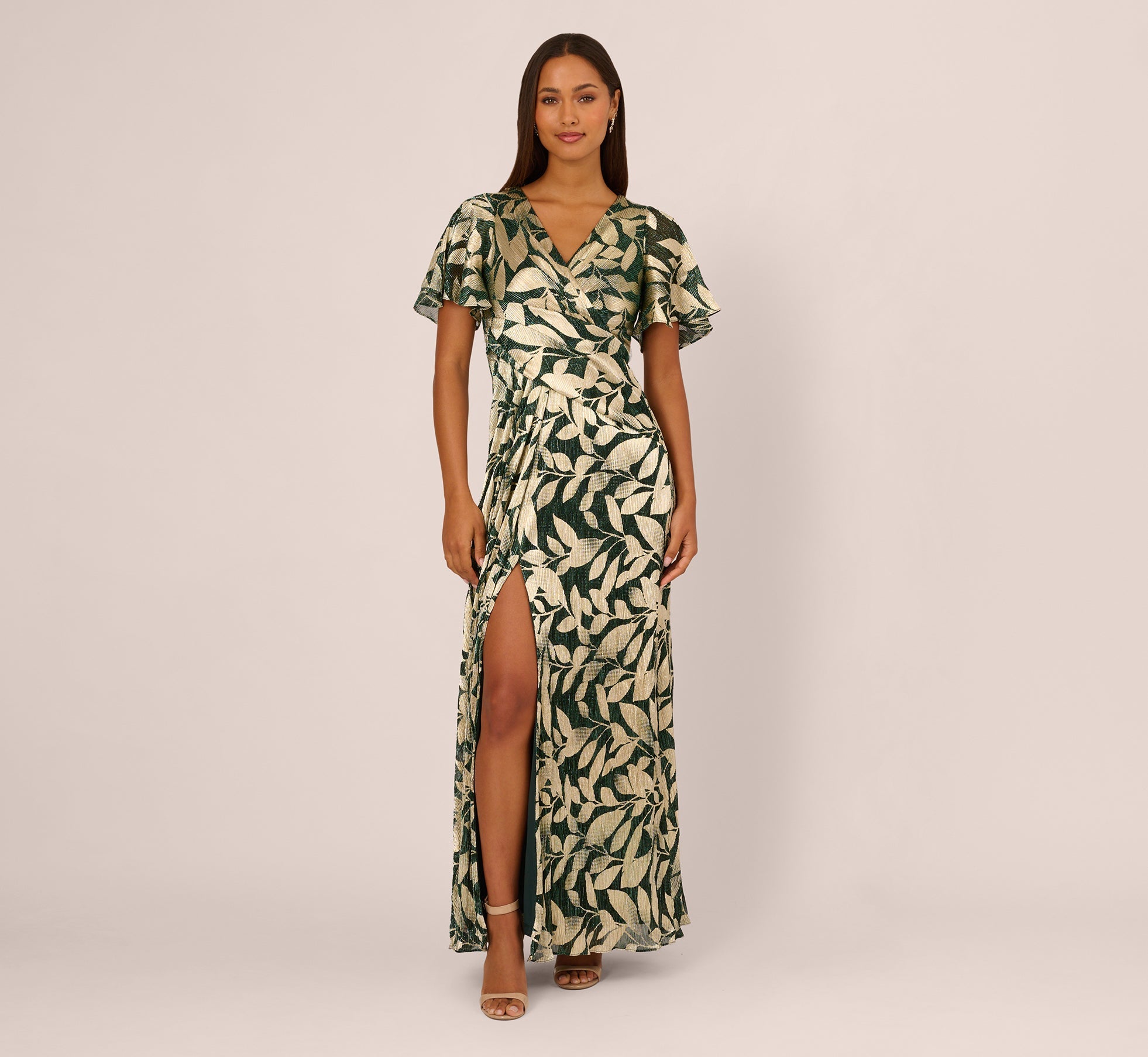 Foil Leaf Short Sleeve Gown With Draped Details In Green Pine Gold