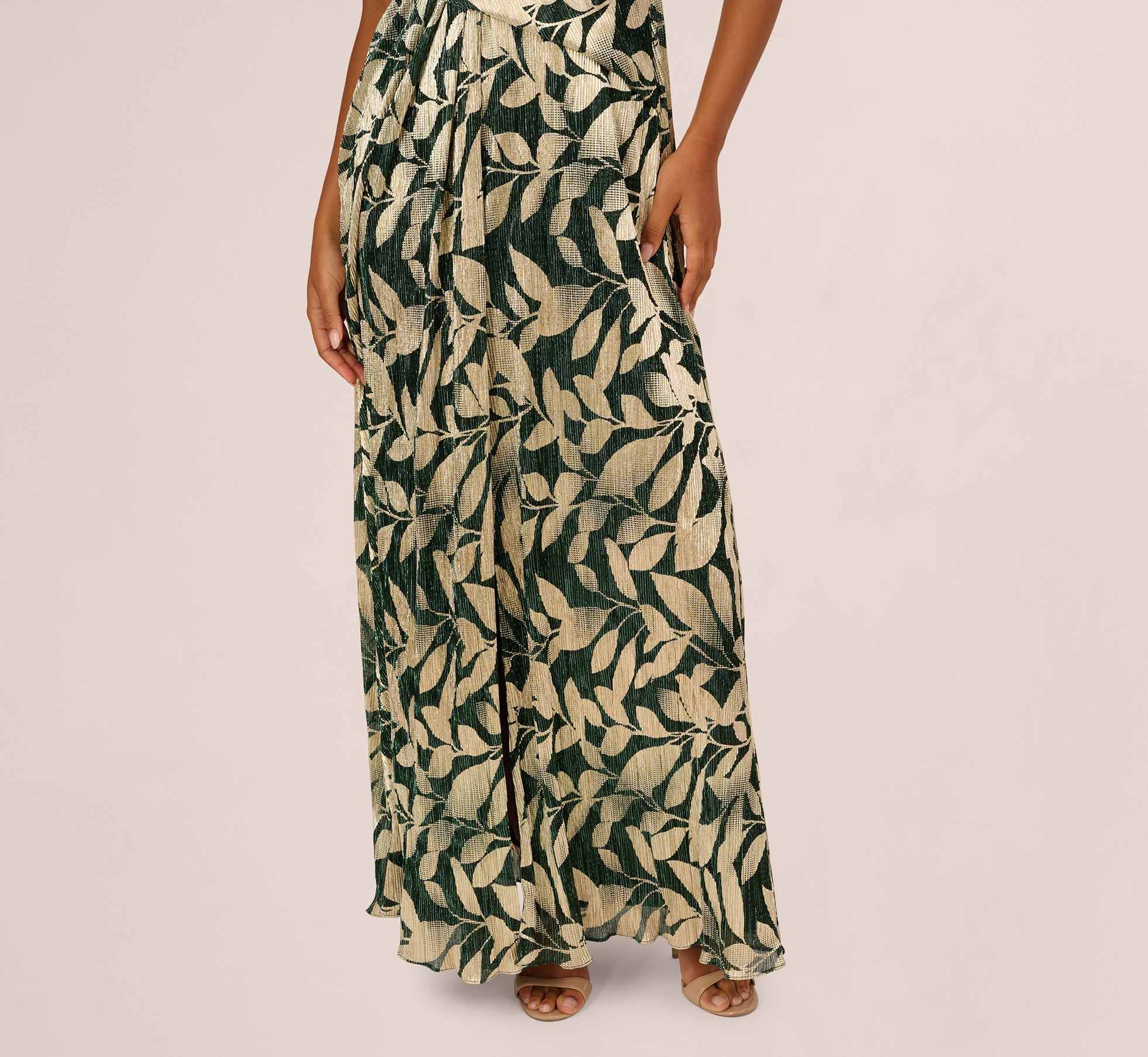 Foil Leaf Short Sleeve Gown With Draped Details In Green Pine Gold