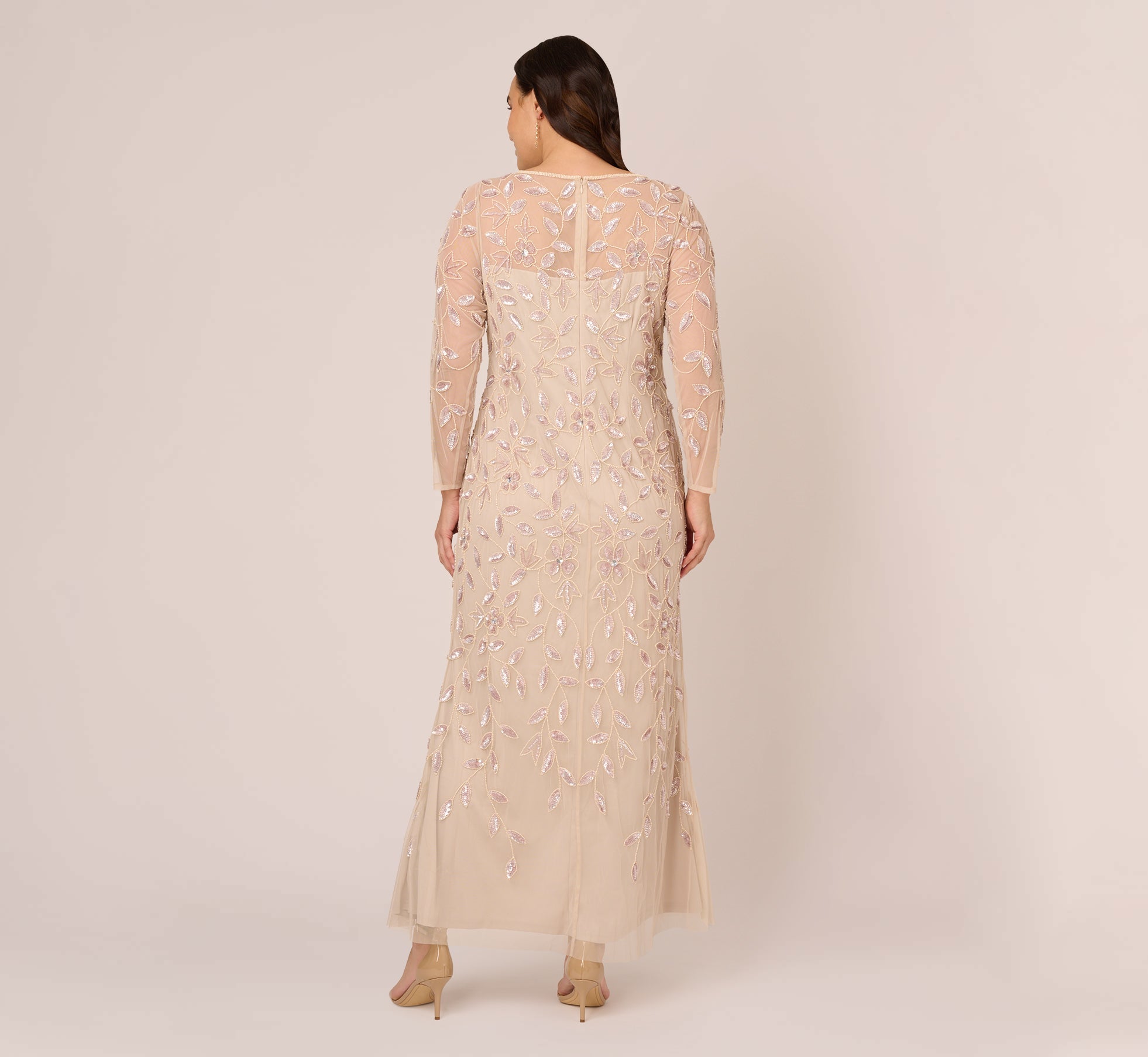 Plus Size Illusion Floral Beaded Gown With Sheer Long Sleeves In Latte