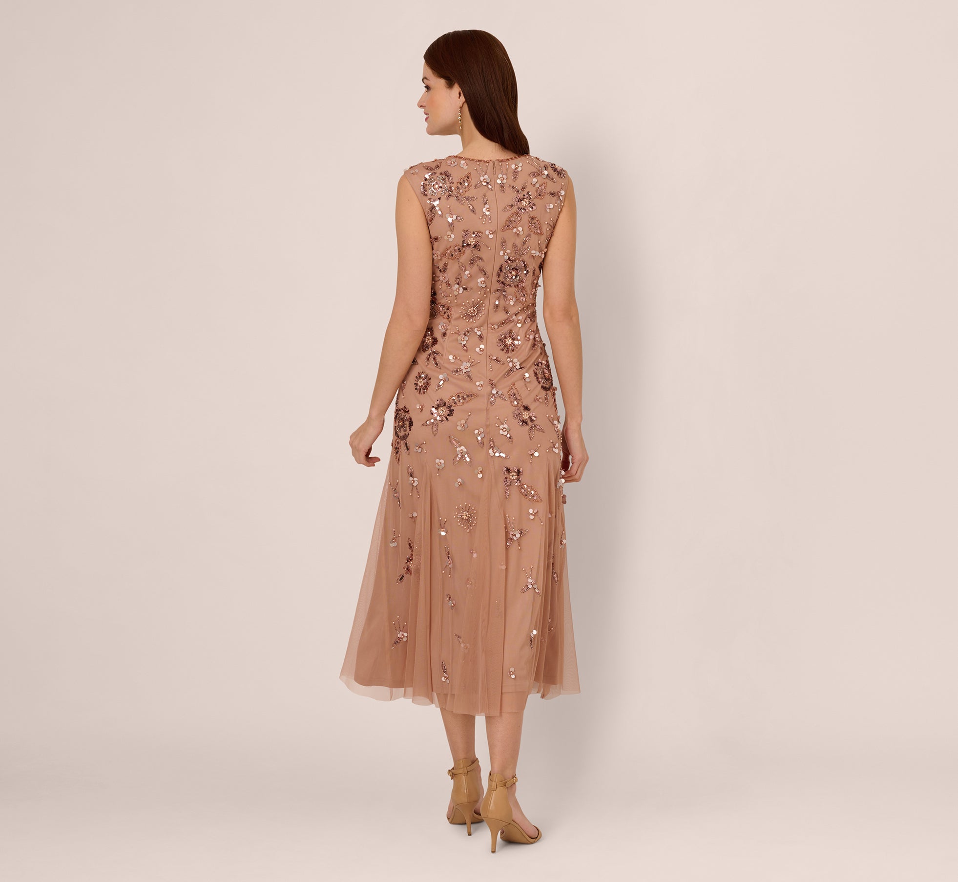 Floral Beaded Ankle Length Gown In Rose Gold