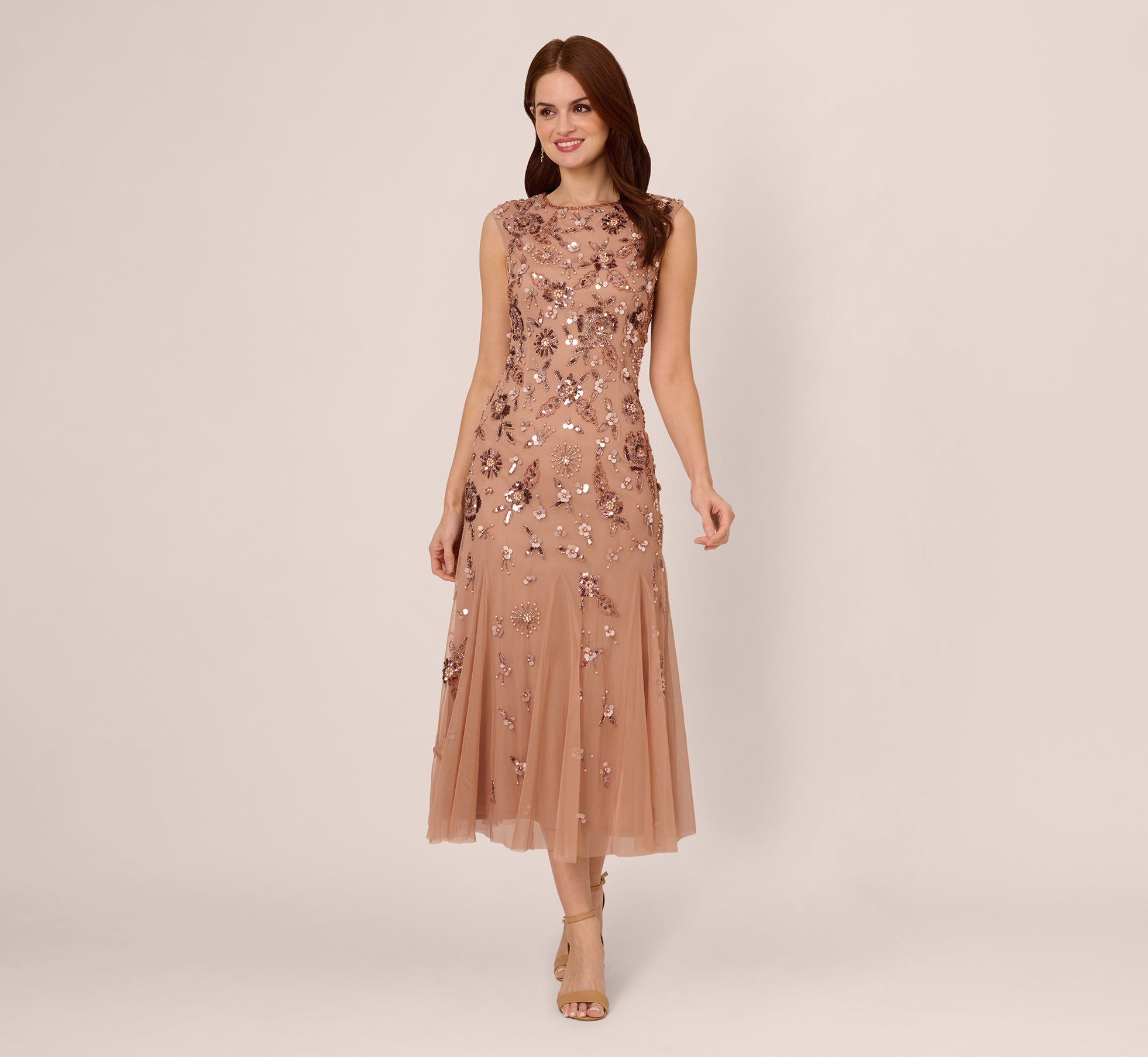 Floral Beaded Ankle Length Gown In Rose Gold