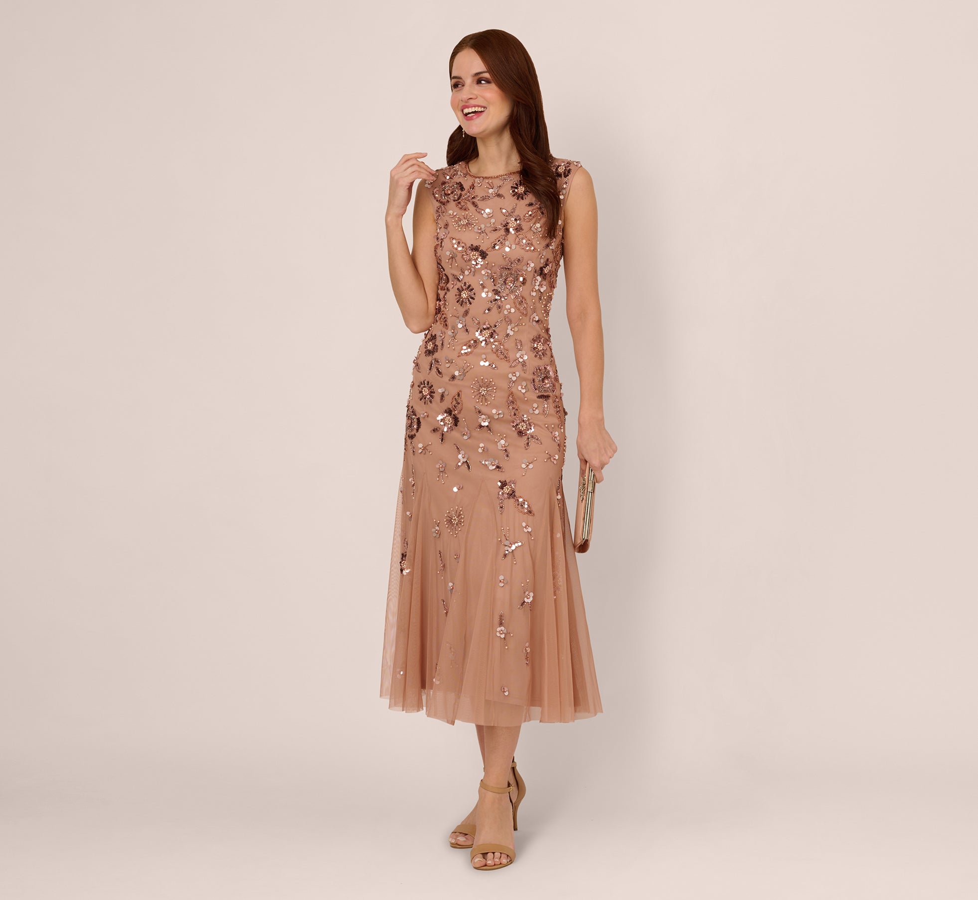 Floral Beaded Ankle Length Gown In Rose Gold