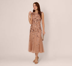 Floral Beaded Ankle Length Gown In Rose Gold