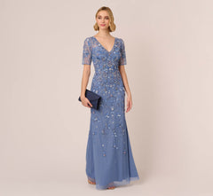 3D Floral Beaded Mermaid Gown With Sheer Short Sleeves In French Blue