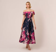 Floral Jacquard Ankle Length Dress With Off The Shoulder Neckline In Navy Pink Multi