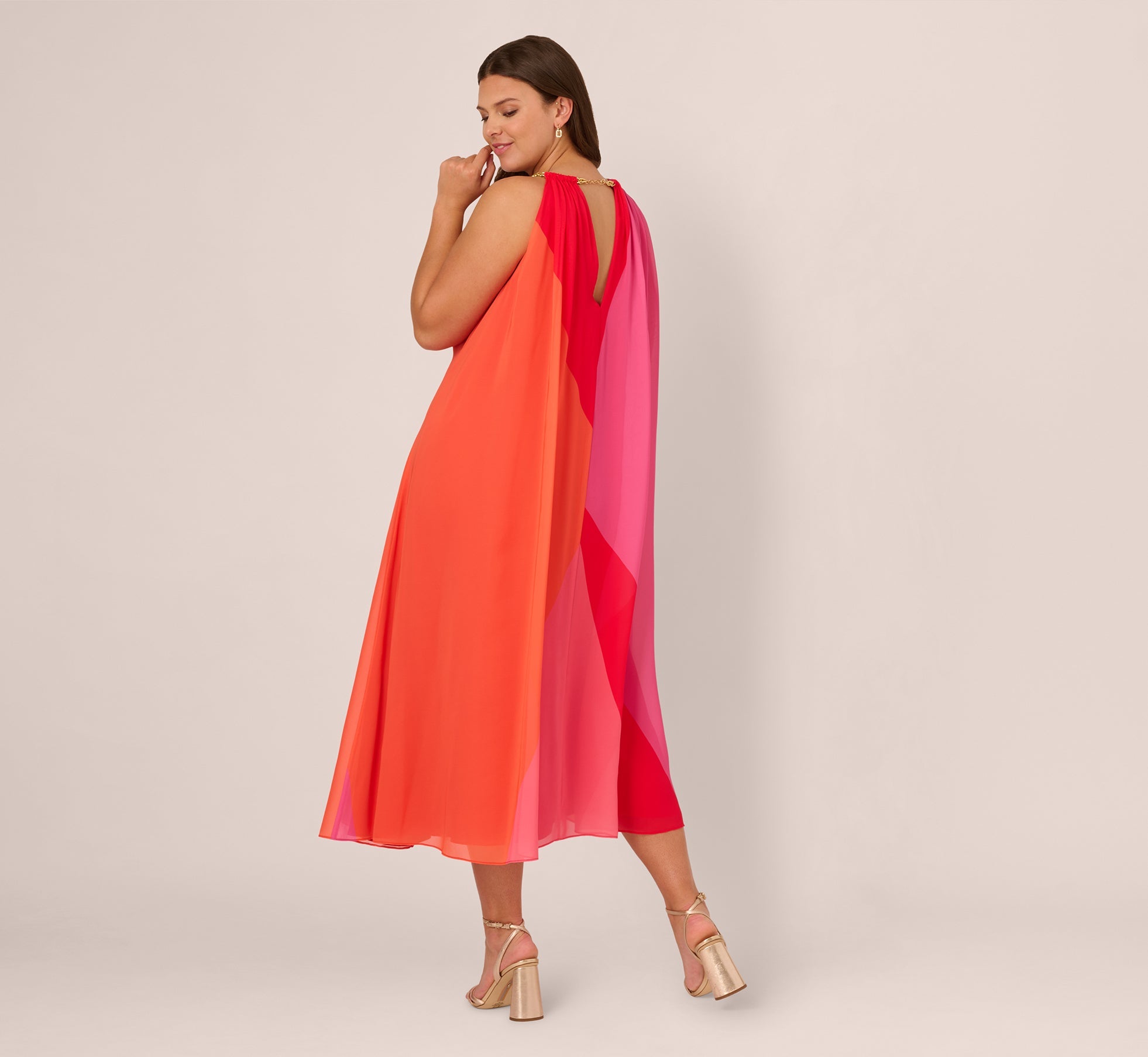Plus Size Color Block Chiffon Trapeze Dress With Chain Halter Neckline In Red Multi