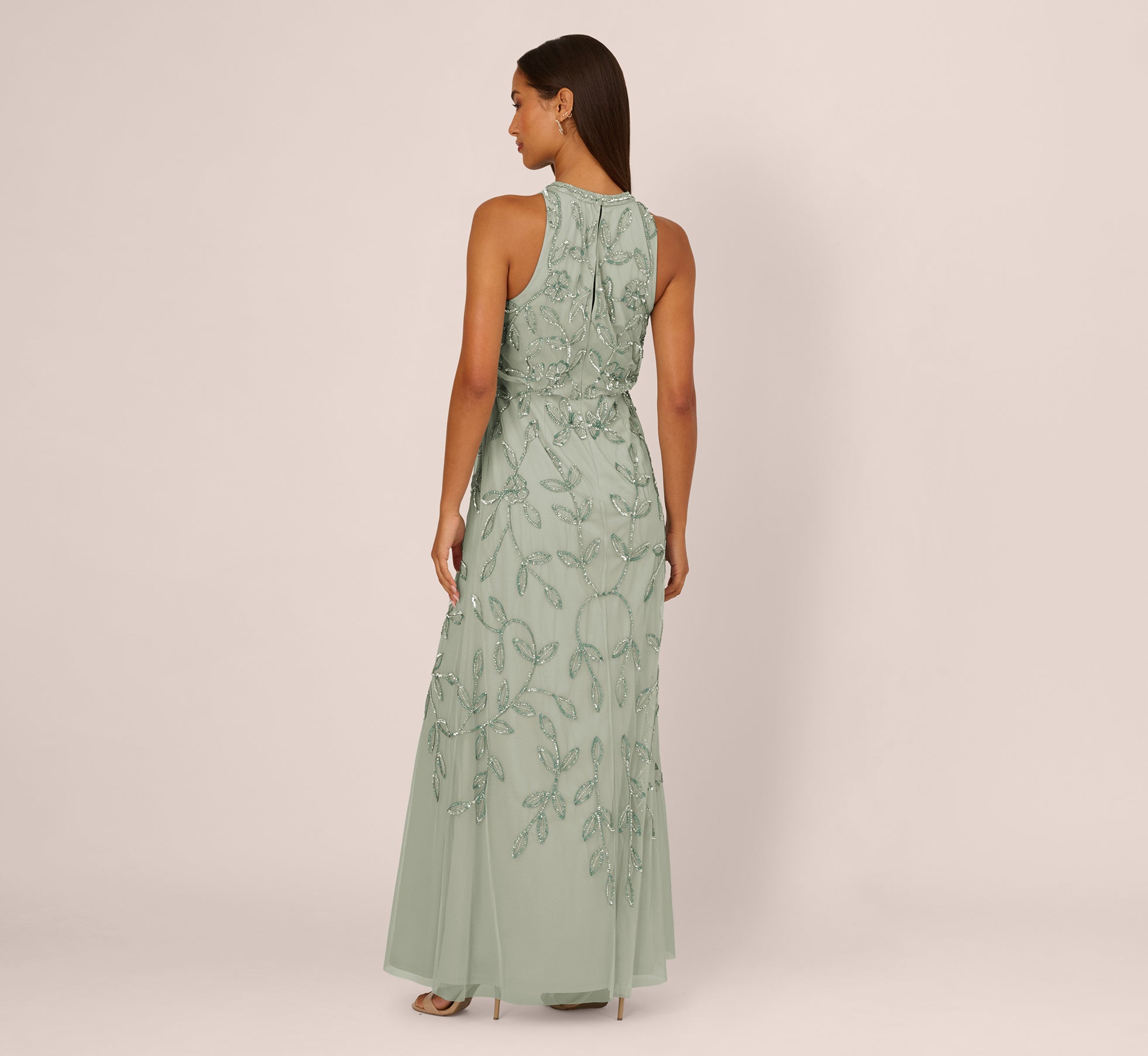 Sleeveless Blouson Mermaid Gown With Jasmine Beading In Aqua Dust