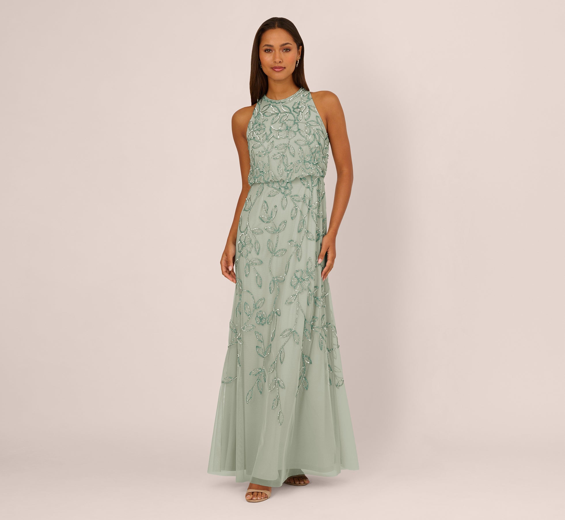 Sleeveless Blouson Mermaid Gown With Jasmine Beading In Aqua Dust
