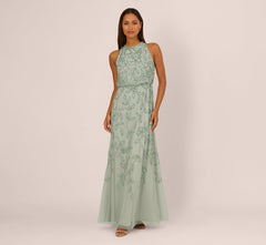 Sleeveless Blouson Mermaid Gown With Jasmine Beading In Aqua Dust