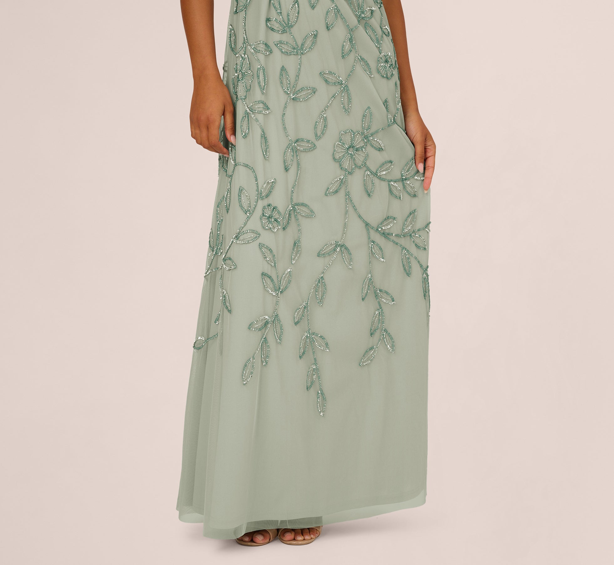 Sleeveless Blouson Mermaid Gown With Jasmine Beading In Aqua Dust