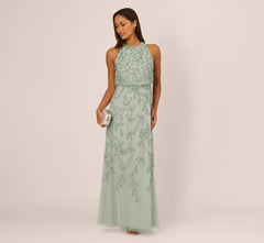 Sleeveless Blouson Mermaid Gown With Jasmine Beading In Aqua Dust