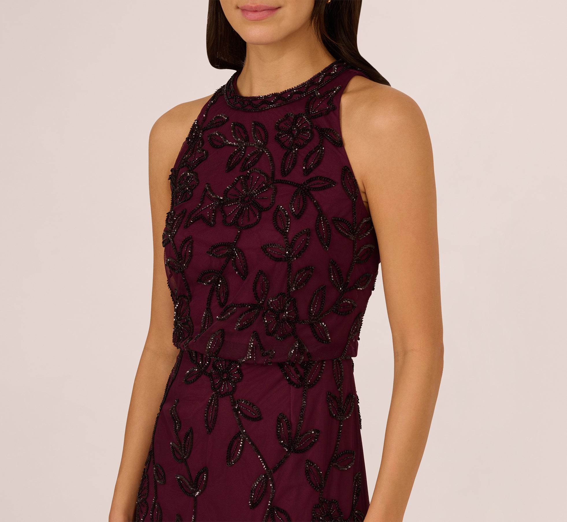 Sleeveless Blouson Mermaid Gown With Jasmine Beading In Cassis