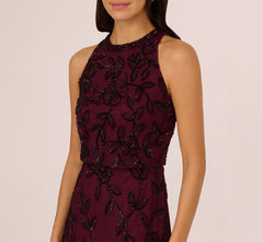 Sleeveless Blouson Mermaid Gown With Jasmine Beading In Cassis