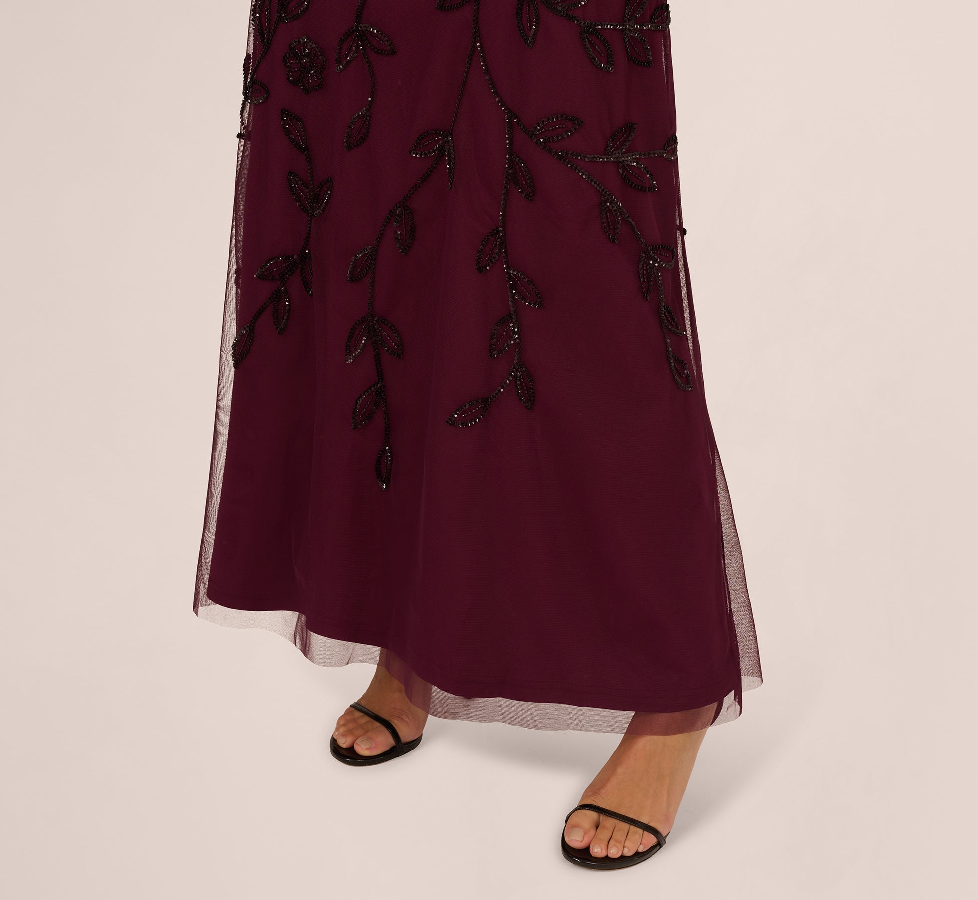 Sleeveless Blouson Mermaid Gown With Jasmine Beading In Cassis