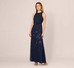 Sleeveless Blouson Mermaid Gown With Jasmine Beading In Light Navy