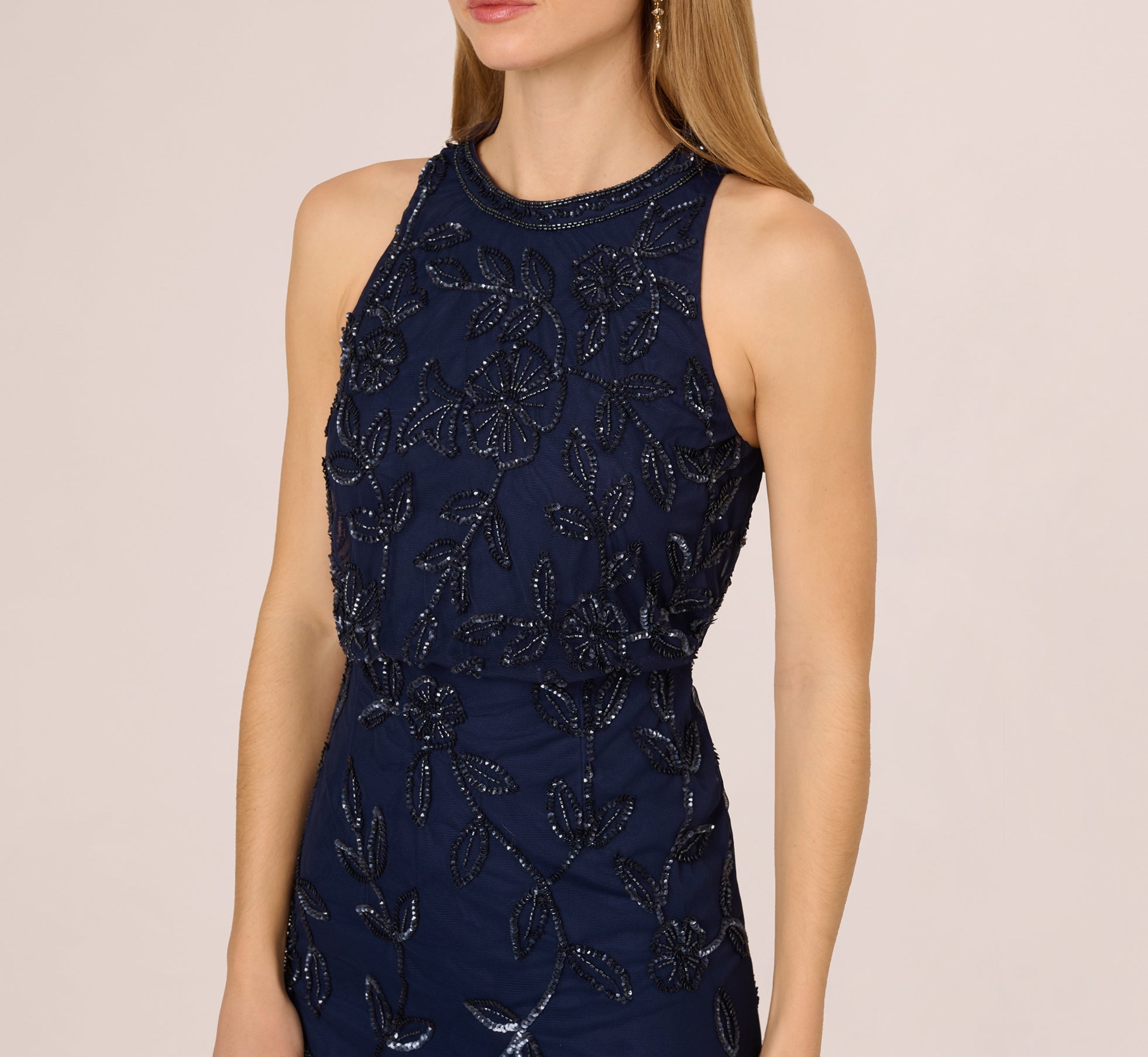 Sleeveless Blouson Mermaid Gown With Jasmine Beading In Light Navy