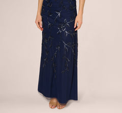 Sleeveless Blouson Mermaid Gown With Jasmine Beading In Light Navy