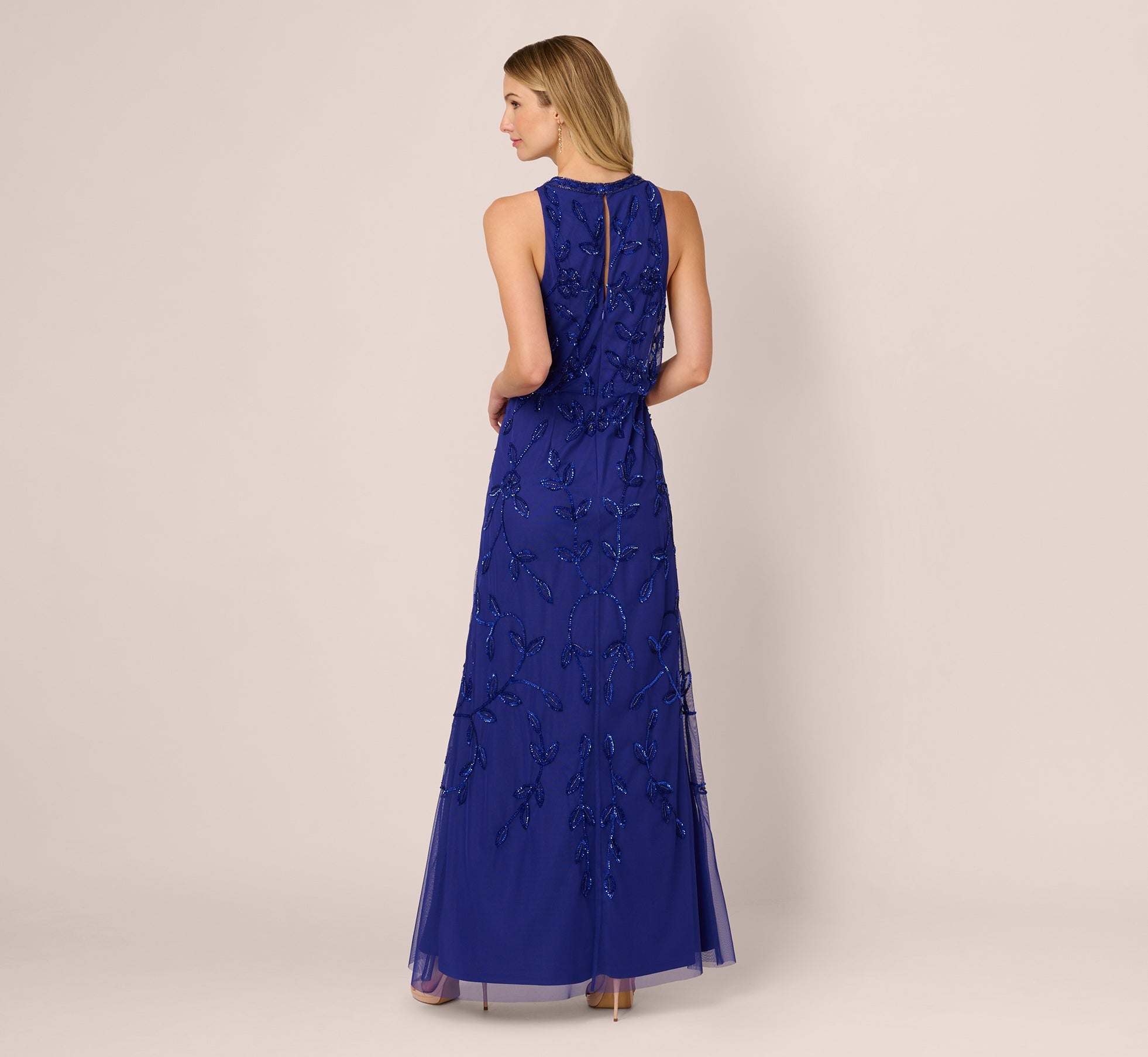 Sleeveless Blouson Mermaid Gown With Jasmine Beading In Dark Blue Violet