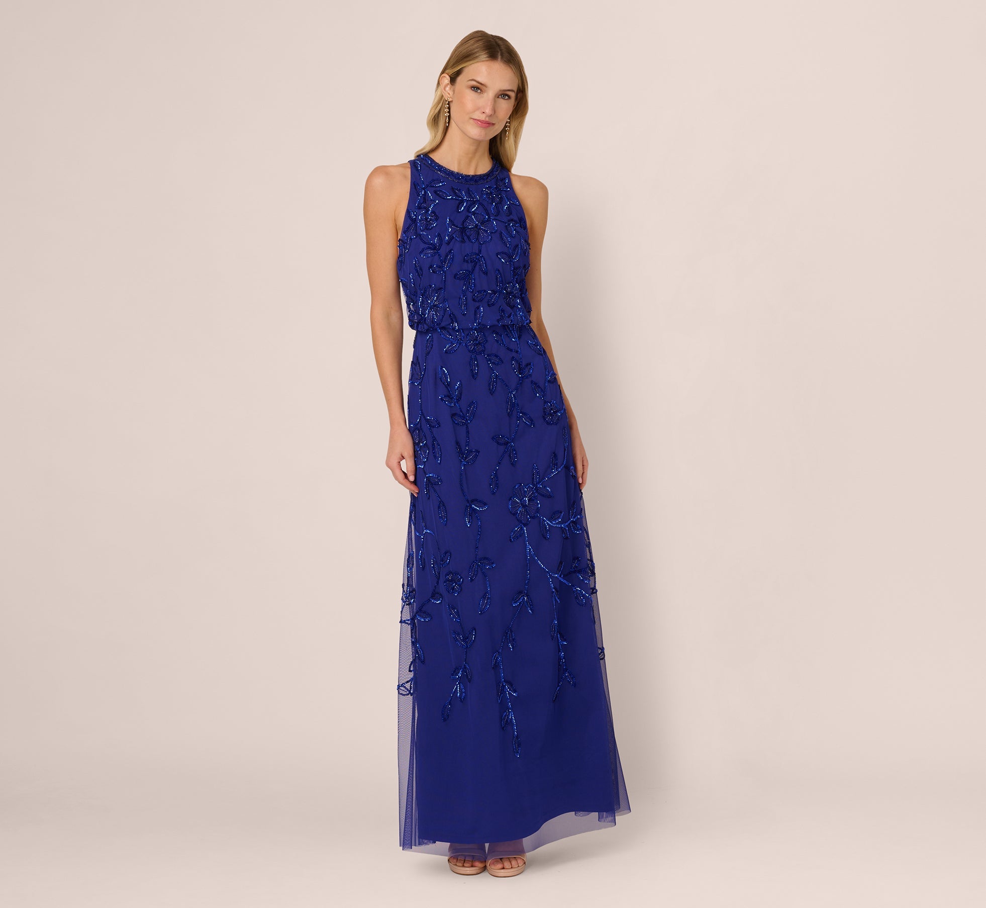 Sleeveless Blouson Mermaid Gown With Jasmine Beading In Dark Blue Violet