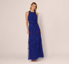 Sleeveless Blouson Mermaid Gown With Jasmine Beading In Dark Blue Violet