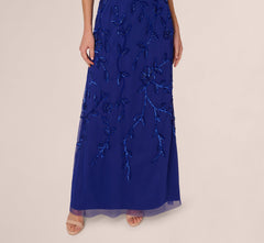 Sleeveless Blouson Mermaid Gown With Jasmine Beading In Dark Blue Violet