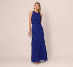 Sleeveless Blouson Mermaid Gown With Jasmine Beading In Dark Blue Violet