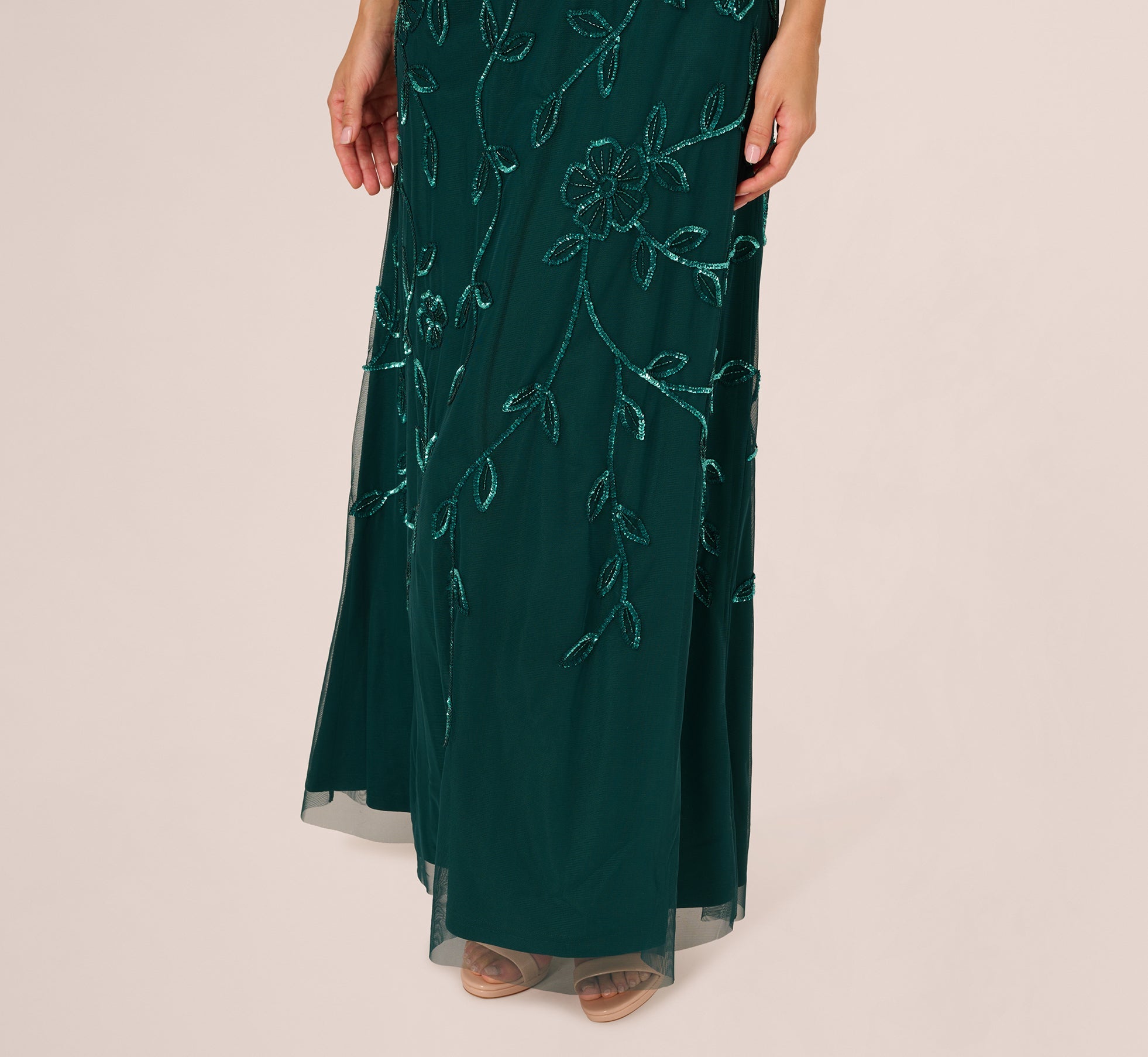Sleeveless Blouson Mermaid Gown With Jasmine Beading In Gem Green