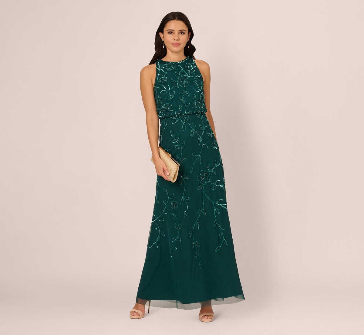 Sleeveless Blouson Mermaid Gown With Jasmine Beading In Gem Green