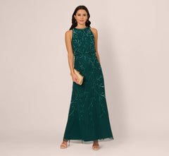 Sleeveless Blouson Mermaid Gown With Jasmine Beading In Gem Green