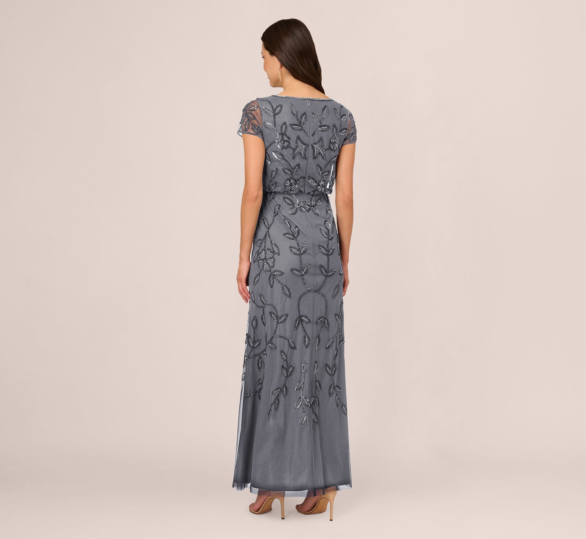 Jasmine Beaded Blouson Gown With Sheer Short Sleeves In Dusty Blue
