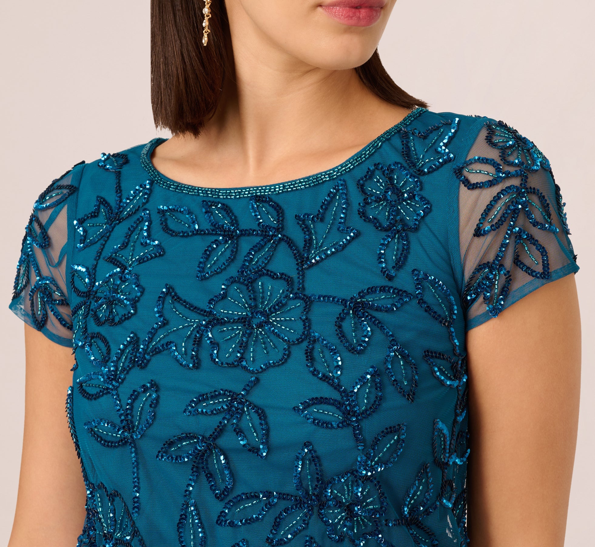 Jasmine Beaded Blouson Gown With Sheer Short Sleeves In Teal Sapphire