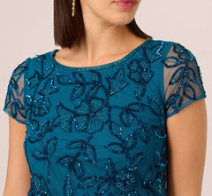 Jasmine Beaded Blouson Gown With Sheer Short Sleeves In Teal Sapphire