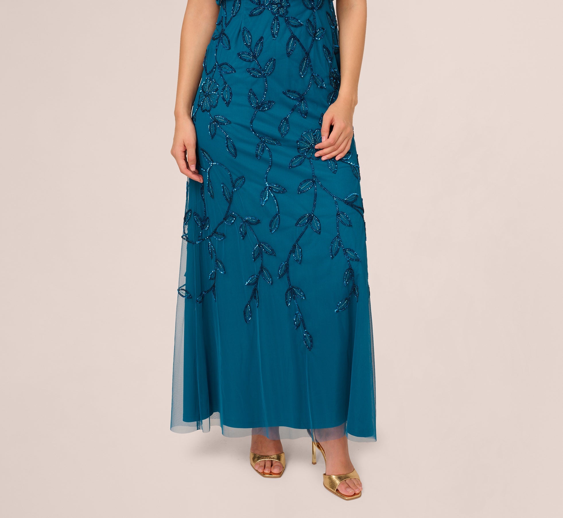 Jasmine Beaded Blouson Gown With Sheer Short Sleeves In Teal Sapphire