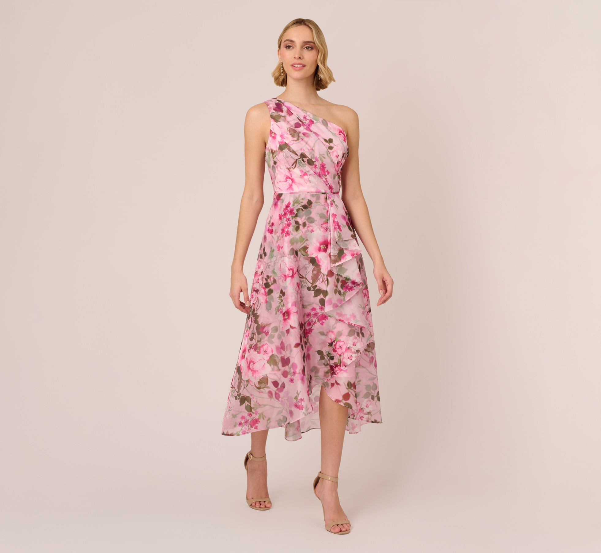 Floral Print Organza Midi Dress With One Shoulder Neckline In Pink Multi