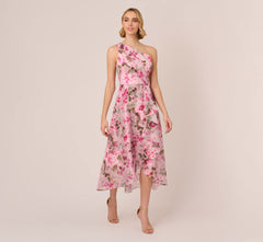 Floral Print Organza Midi Dress With One Shoulder Neckline In Pink Multi