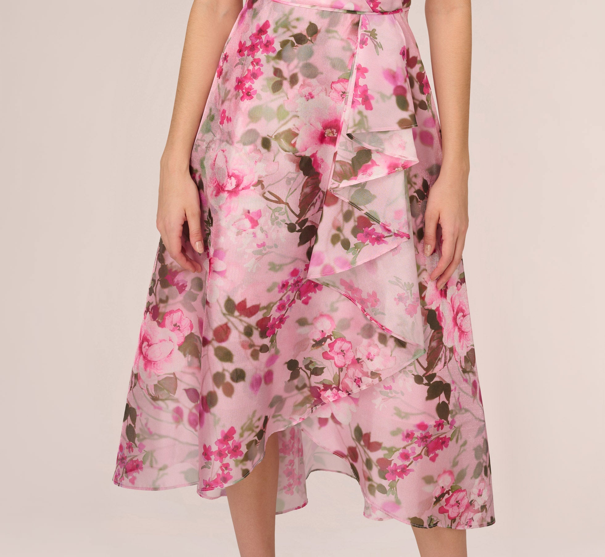Floral Print Organza Midi Dress With One Shoulder Neckline In Pink Multi