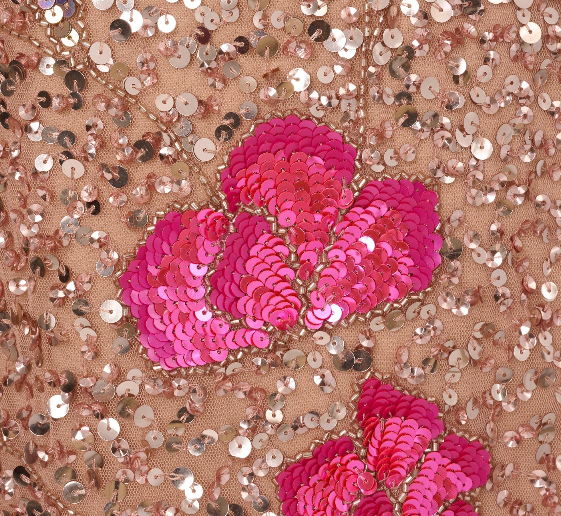 Sequin Floral Trapeze Dress With Short Sleeves In Rosegold Hot Pink