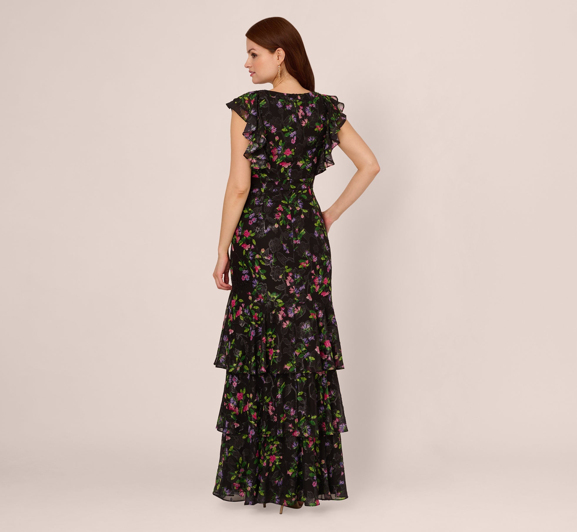 Floral Tiered Chiffon Gown With Flutter Sleeves In Black Multi