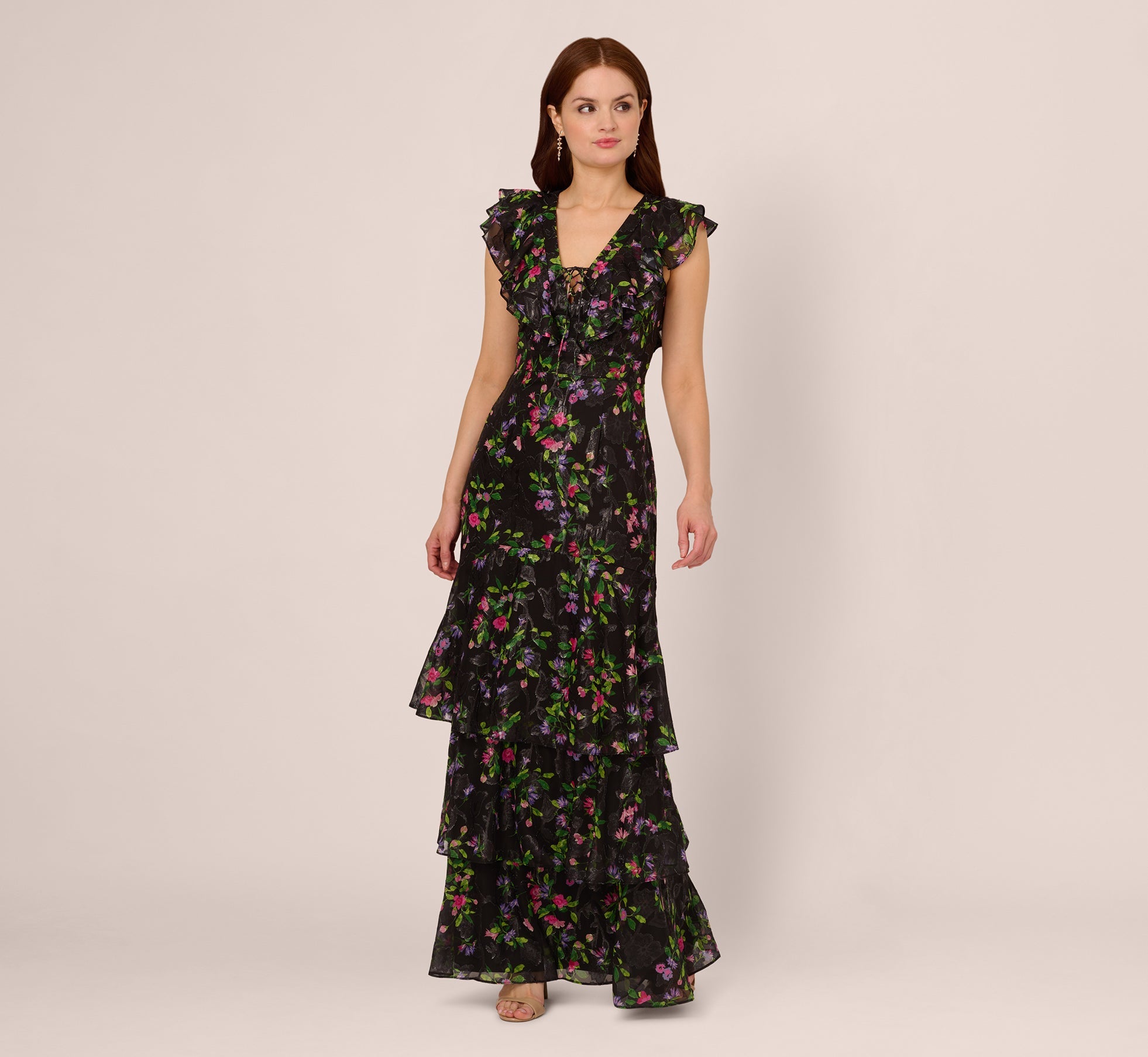 Floral Tiered Chiffon Gown With Flutter Sleeves In Black Multi